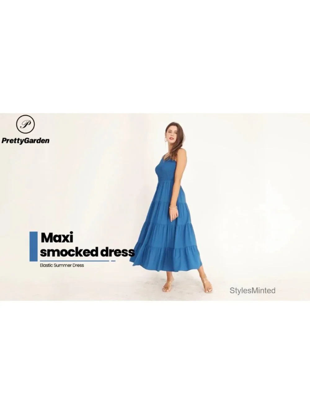 PRETTYGARDEN Sleeveless Smocked Maxi Sundress with Pockets, Tiered Flowy Long